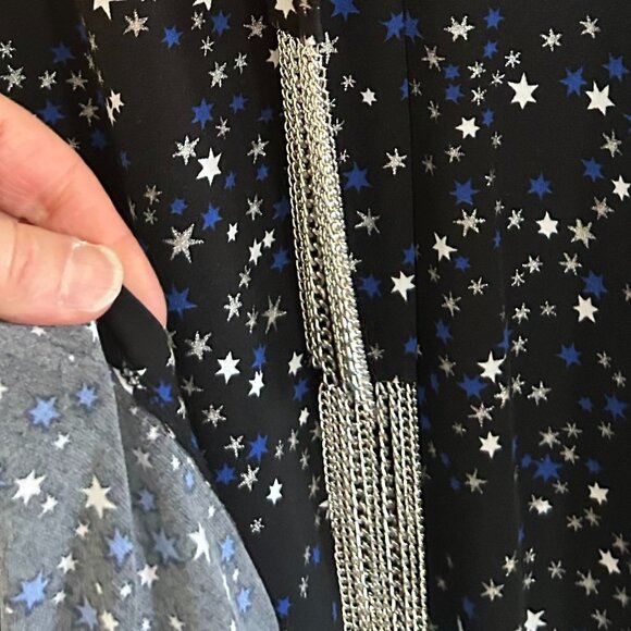 Michael Kors, black dress w blue/silver Star Foil pattern Chain Fringe tie, XS - Picture 8 of 9